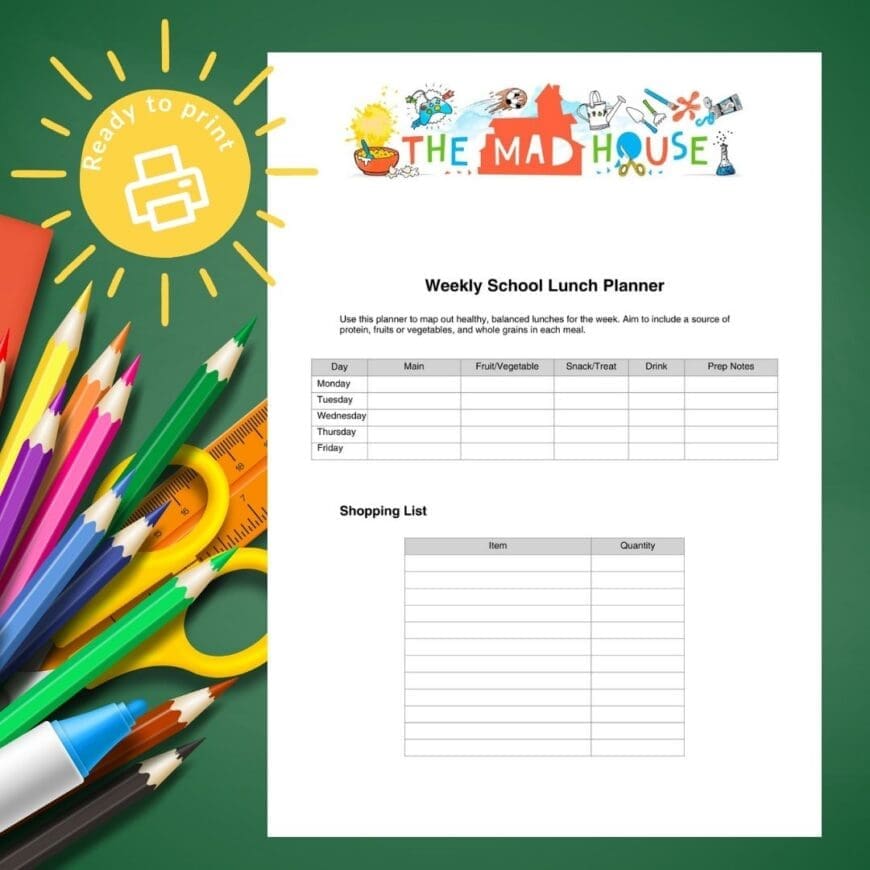 Free Weekly School Lunch Planner with Shopping List