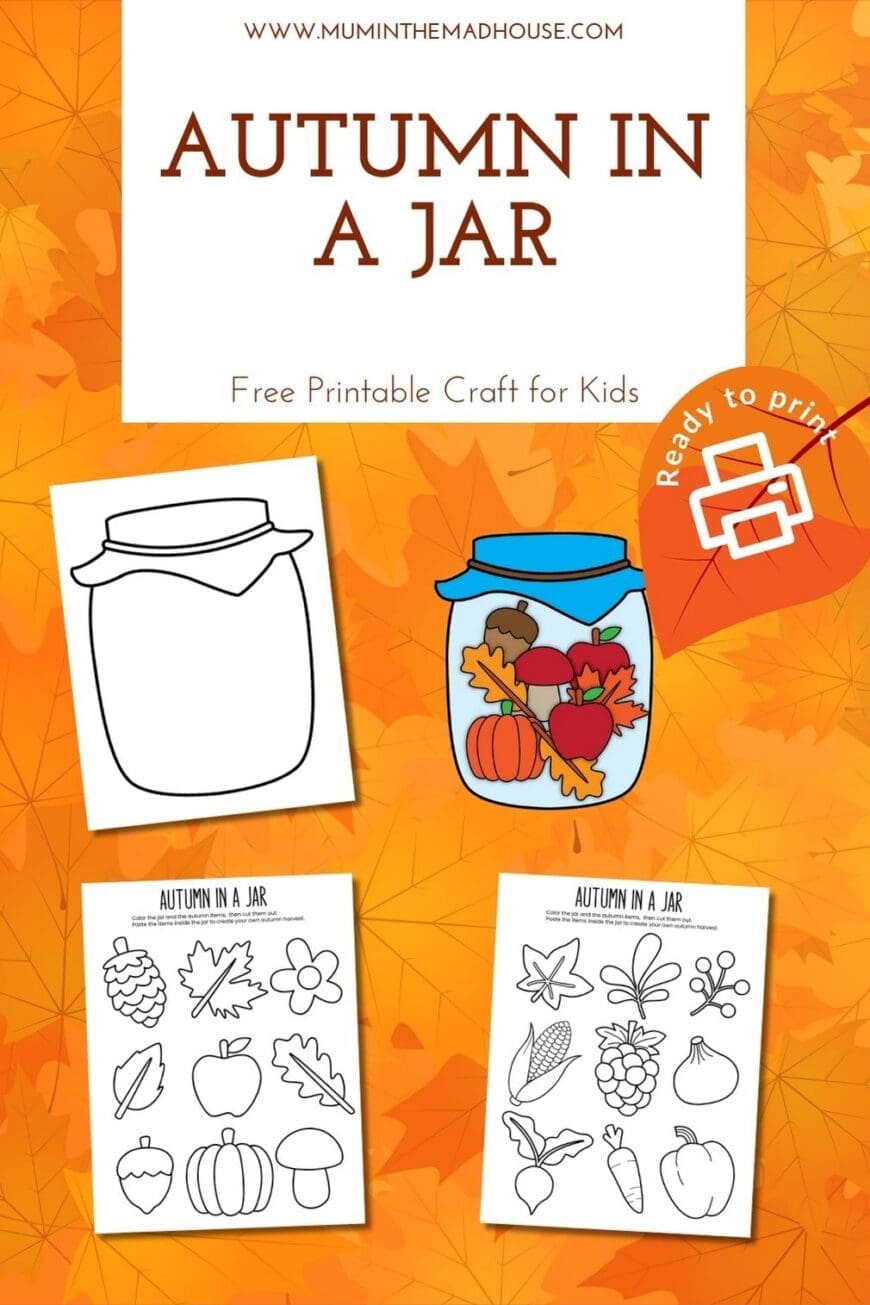 Download this free Autumn in a Jar printable craft! Kids can colour, cut, and paste leaves, pumpkins, apples, and more to make their own autumn harvest jar. Perfect for home or classroom fun this fall.
