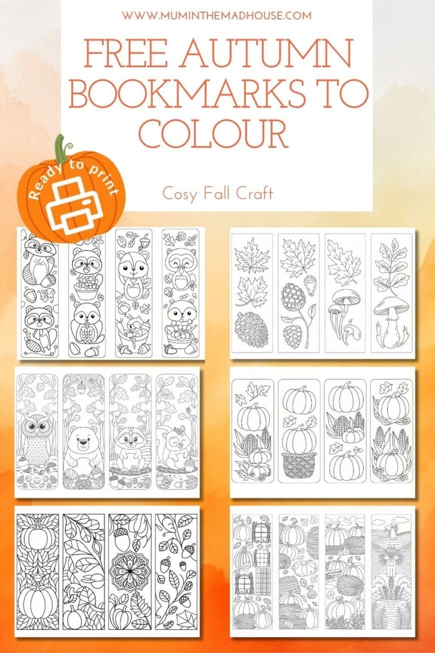 Download 24 free autumn bookmarks to colour! Featuring pumpkins, leaves, and woodland animals. Great for kids’ crafts, reading gifts, or classroom fun.