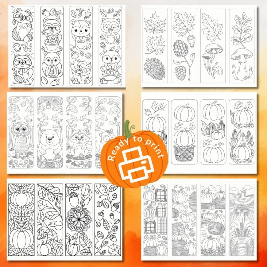 Free Printable Autumn Bookmarks to Colour
