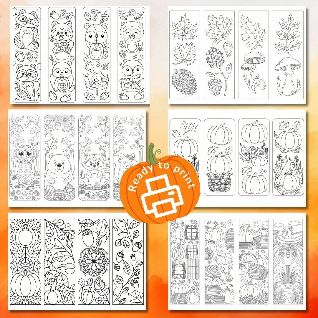 Free Printable Autumn Bookmarks to Colour