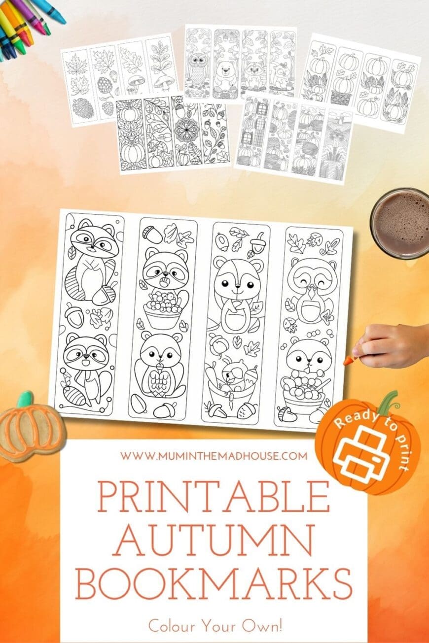 Make reading extra cosy with these free printable autumn bookmarks to colour. Pumpkins, leaves, and woodland friends – perfect for kids’ crafts this fall!
