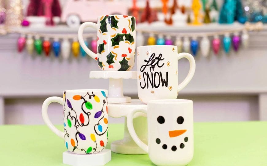Hand-painted Christmas lights mug gift made with porcelain paint pens