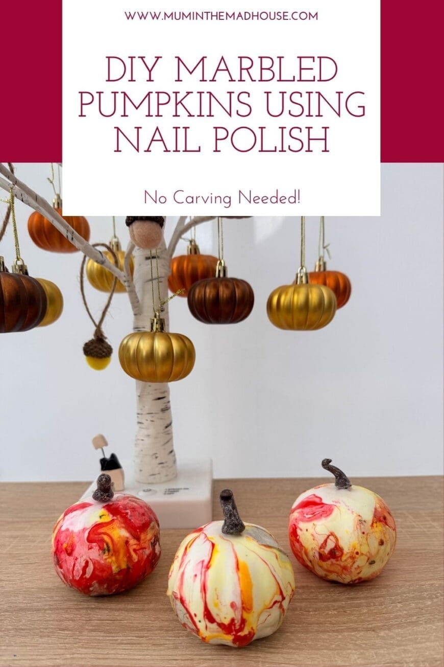 Create stunning marble pumpkins using nail varnish! This quick and easy DIY shows you how to make no-carve pumpkins perfect for autumn décor or Halloween fun.