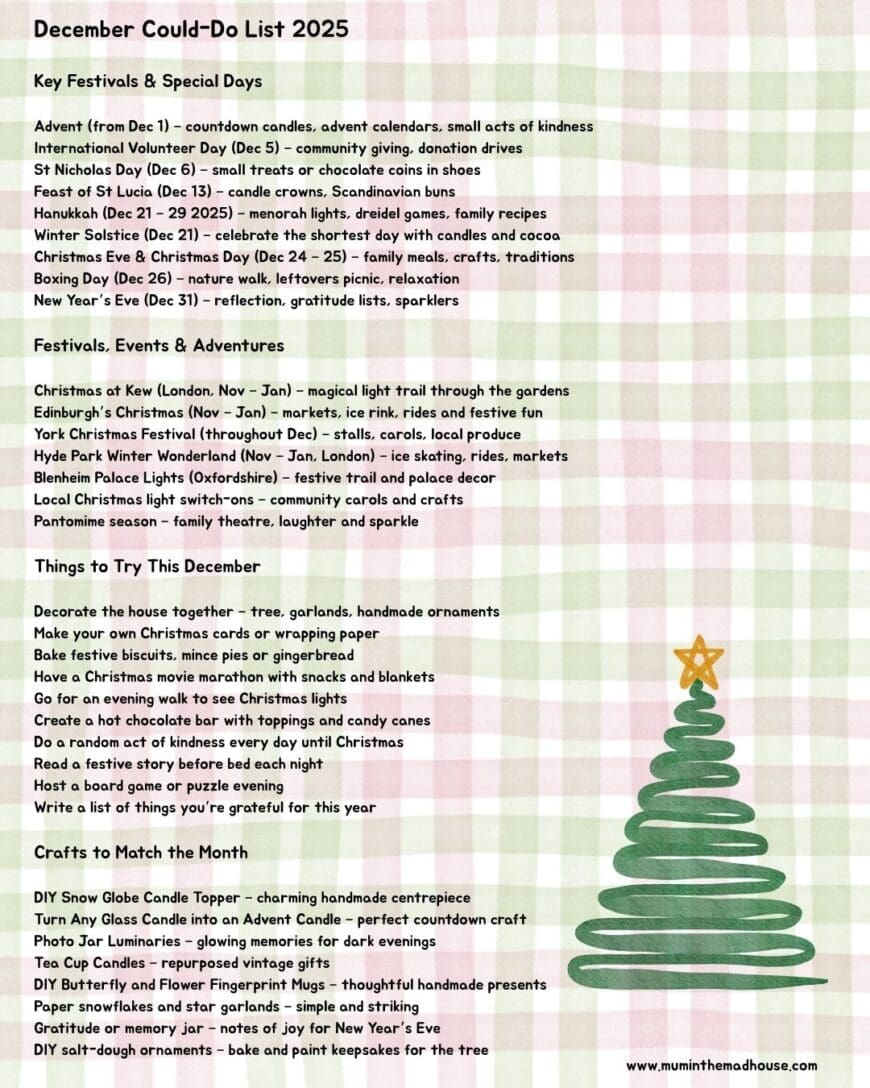 From Christmas markets to cosy movie nights, this Could Do December list is full of family fun, creative crafts, and winter magic.