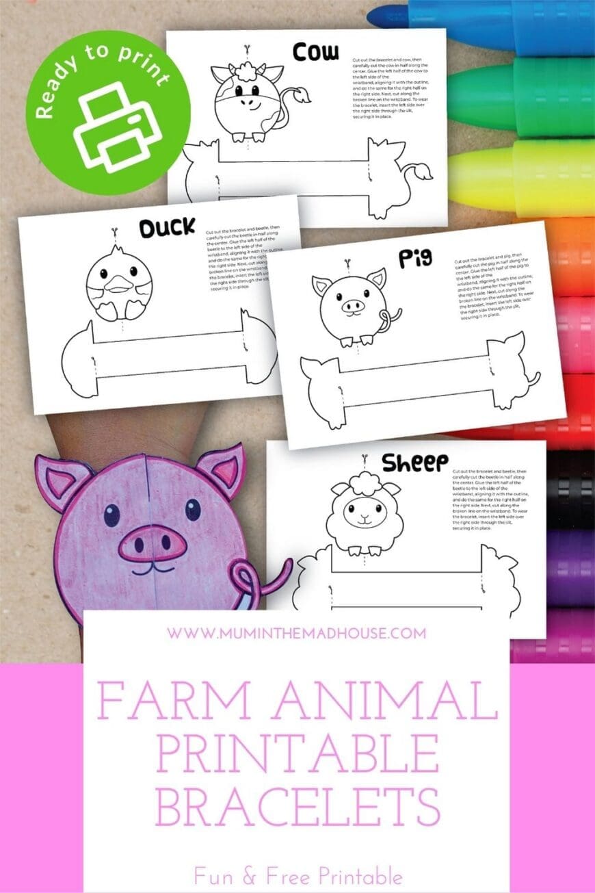 These free Farm Animal Paper Bracelets are perfect for kids who love farmyard fun! Download and colour your own cow, pig, duck, and more. A great rainy-day or classroom activity.
