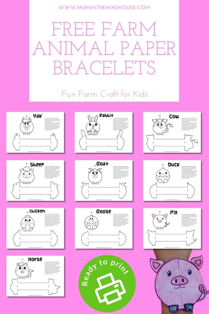 Keep little hands busy with these adorable farm animal printable bracelets – just print, colour, cut, and wear! Perfect for farm themes, storytime, or party favours.