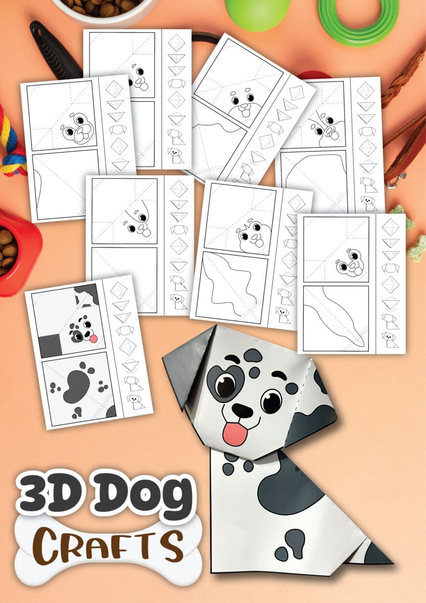 Fold, glue, and create your own adorable 3D dog origami! A free printable paper craft for children who love pets and creative play.
