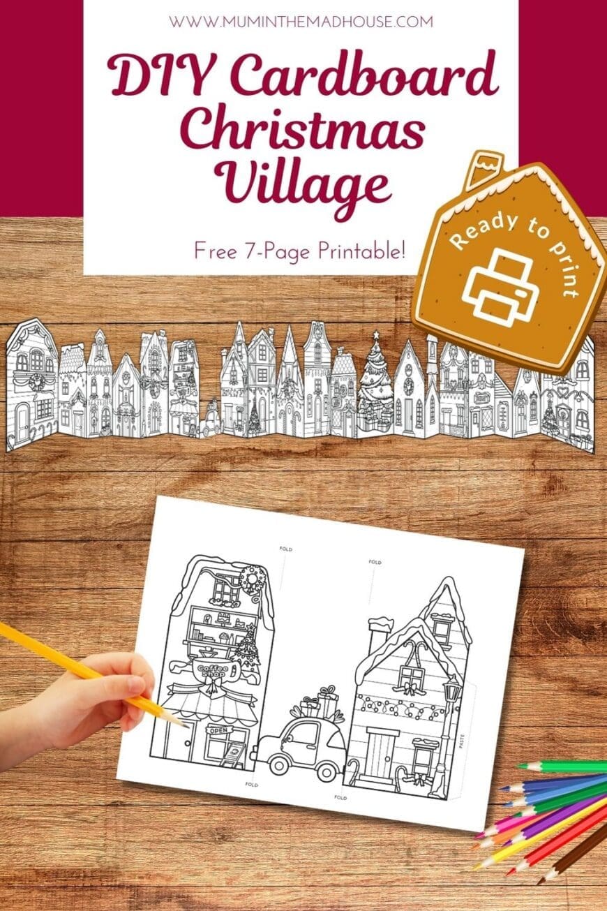 Build a magical cardboard Christmas village with our FREE 7-page printable houses! A cosy, budget-friendly festive craft for families using recycled materials.
