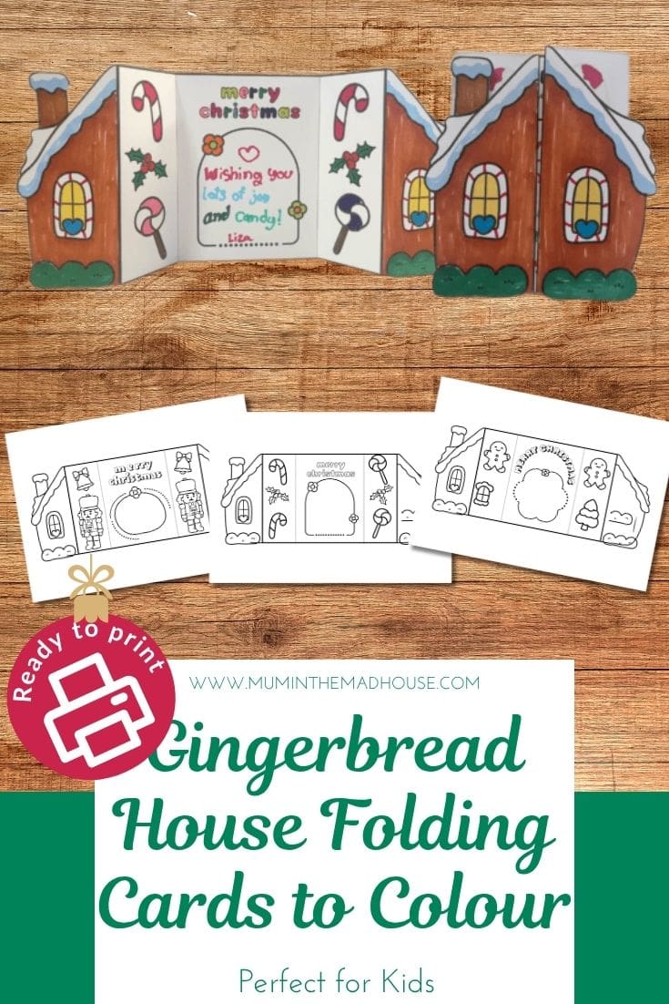 These cute Gingerbread House folding Christmas cards are free to download and colour! A simple Christmas craft for kids at home, school or clubs. Just print, colour, cut and fold. Perfect for teacher gifts, grandparents and holiday fun. 