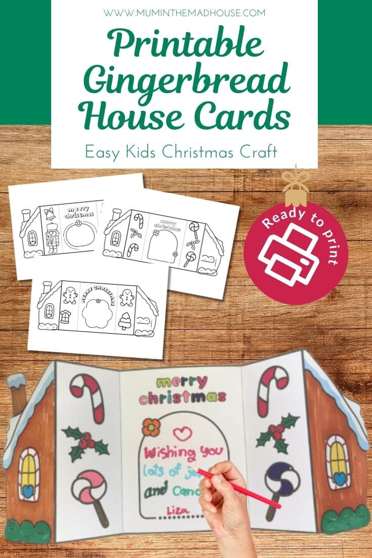 Looking for an easy Christmas colouring craft? Grab these free printable Gingerbread House cards! Children can decorate their own festive house card to give to friends and family. Super cute, low-prep and no mess needed.