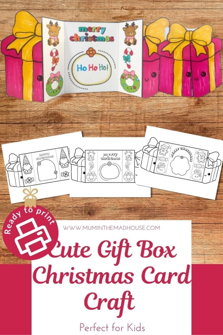 Make a sweet handmade Christmas card with this free printable gift box template! Colour, cut and fold to create a stand-up card with bows and festive decorations. A cosy and cheerful winter craft