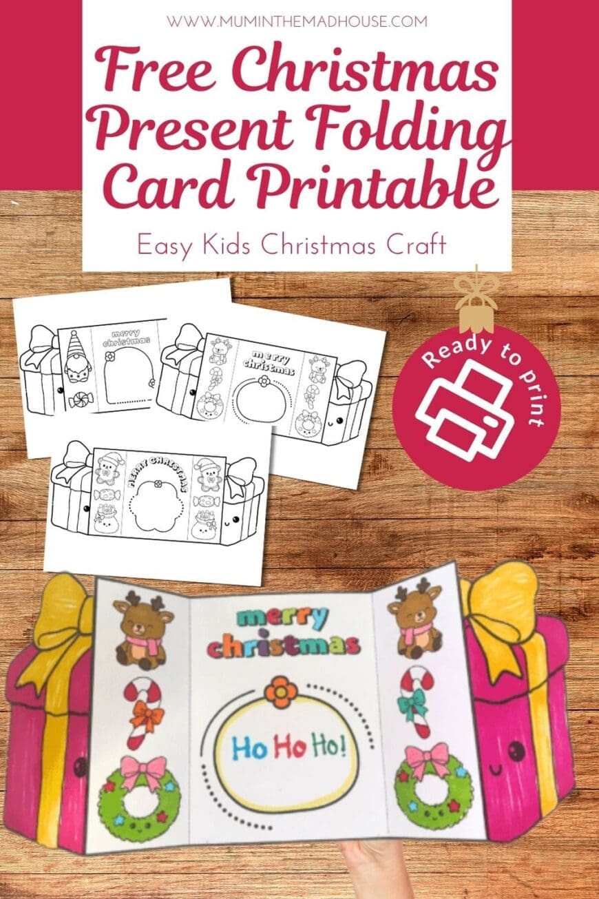 These cute Christmas present folding cards are free to print and colour! A lovely, low-prep Christmas craft for kids to make at home or school. Just print, colour, cut and fold. Perfect for gifting!
