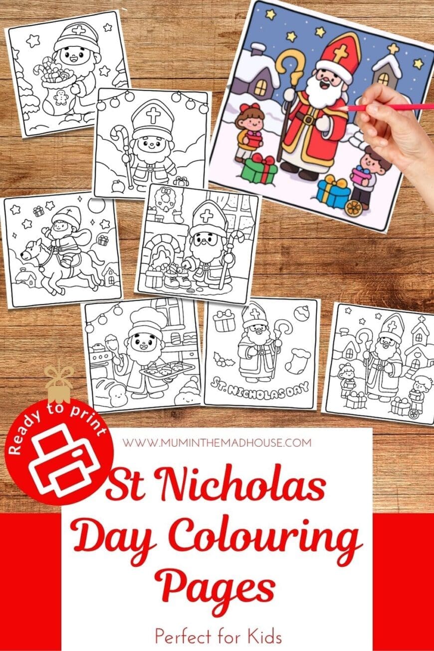 Celebrate St Nicholas Day with these free printable colouring pages for kids! Learn about kindness, giving and festive traditions. Perfect for home, school or church groups. 