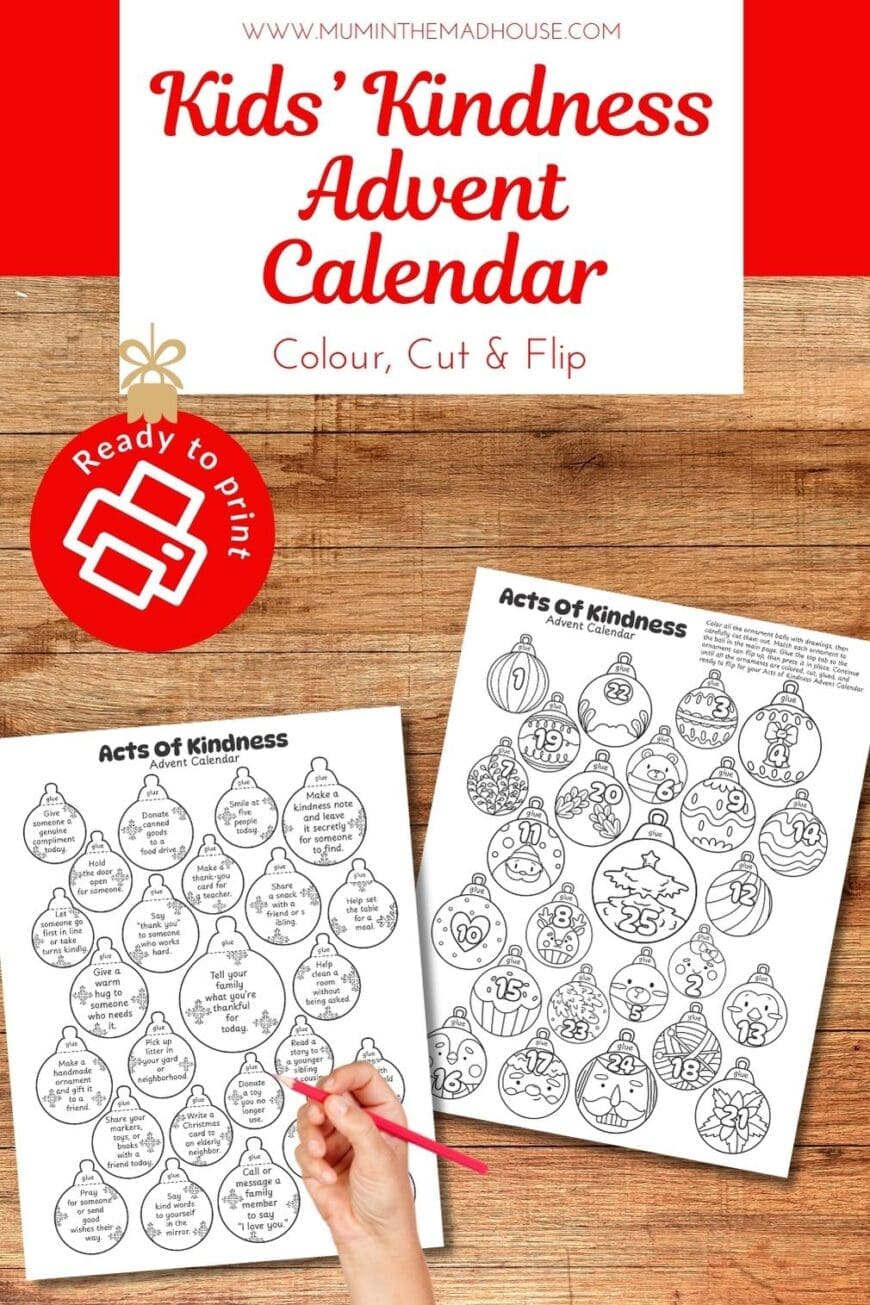 Download this free Acts of Kindness Advent Calendar Printable for kids! Colour, cut, and flip each bauble to reveal daily kindness tasks for Advent.