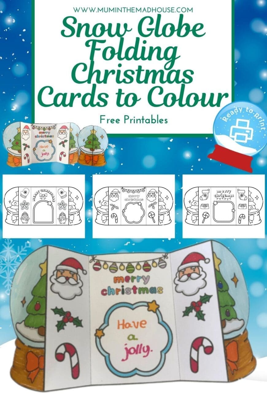These adorable Snow Globe folding Christmas cards are free to print and colour! A cosy, low-prep Christmas craft for kids to make at home or in the classroom. Just print, colour, cut and fold. Perfect for homemade cards and festive displays.