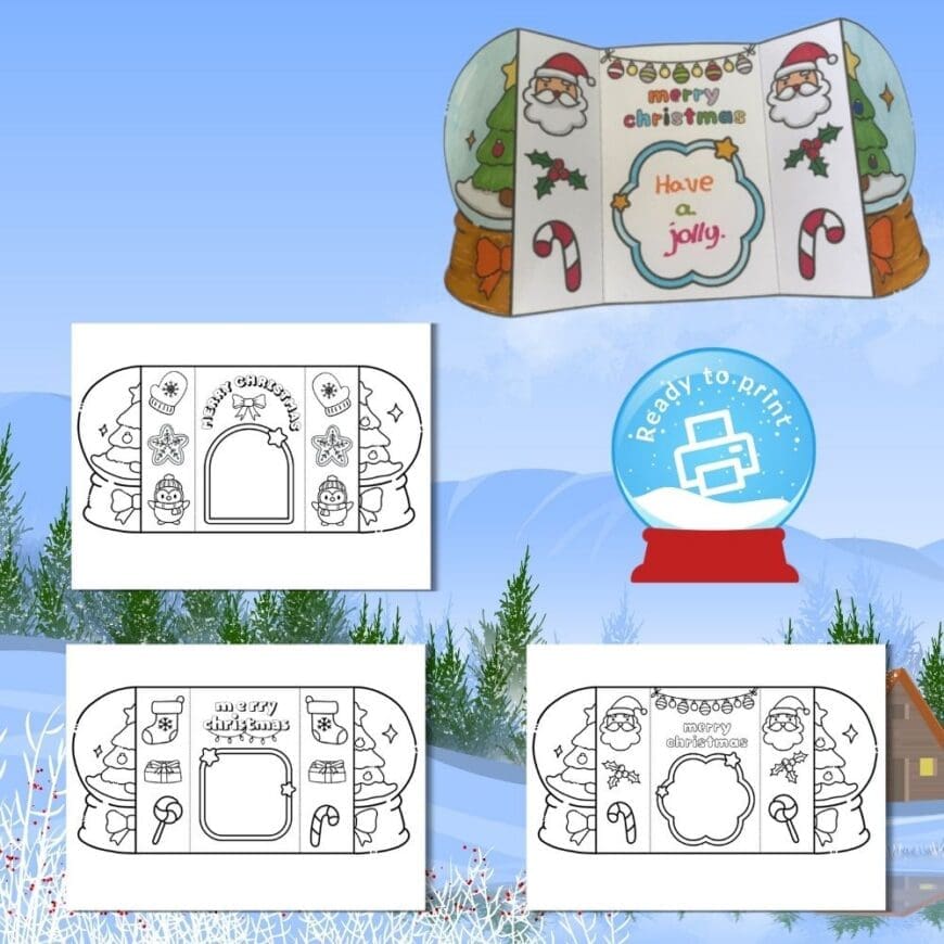 Free Snow Globe Folding Christmas Cards to Colour