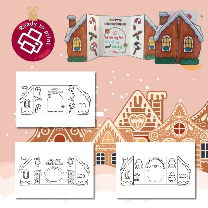 Free Gingerbread House Folding Christmas Cards to Colour