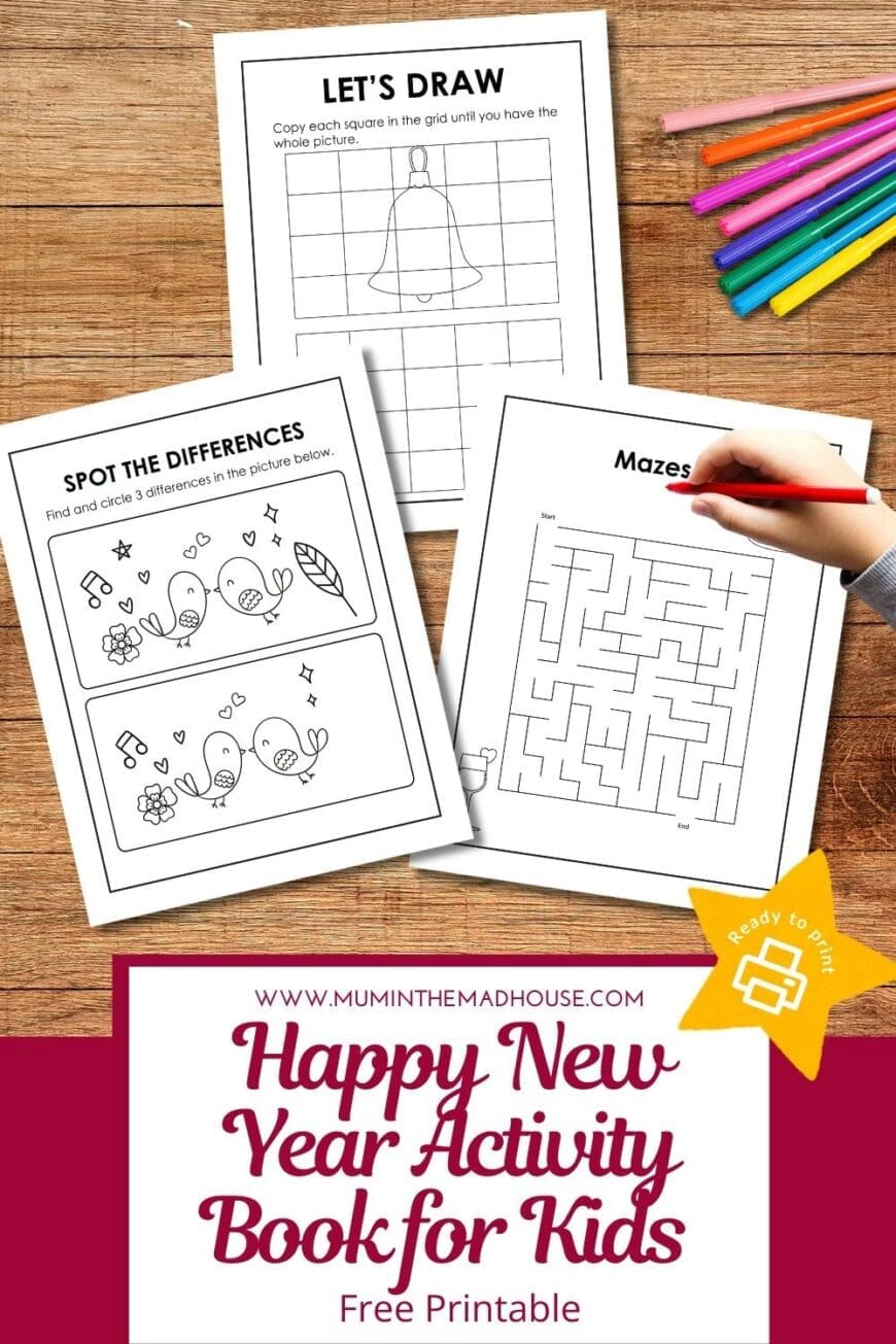 Celebrate the New Year with this FREE printable activity book for kids.
Perfect for ages 4–8, it includes colouring pages, I Spy games, mazes, dot markers, word searches, Sudoku, cutting skills and more.
Ideal for preschool, kindergarten, homeschool or winter holiday fun. Print and play for hours of screen-free learning!