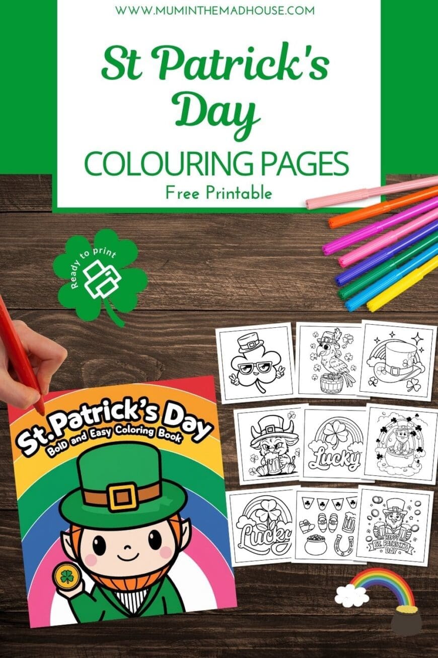 These bold & easy St Patrick’s Day colouring pages are perfect for kids, teens, and adults. Simple designs with lots of space for colouring, shading, highlights, and creative embellishments—ideal for classrooms or relaxed colouring at home.