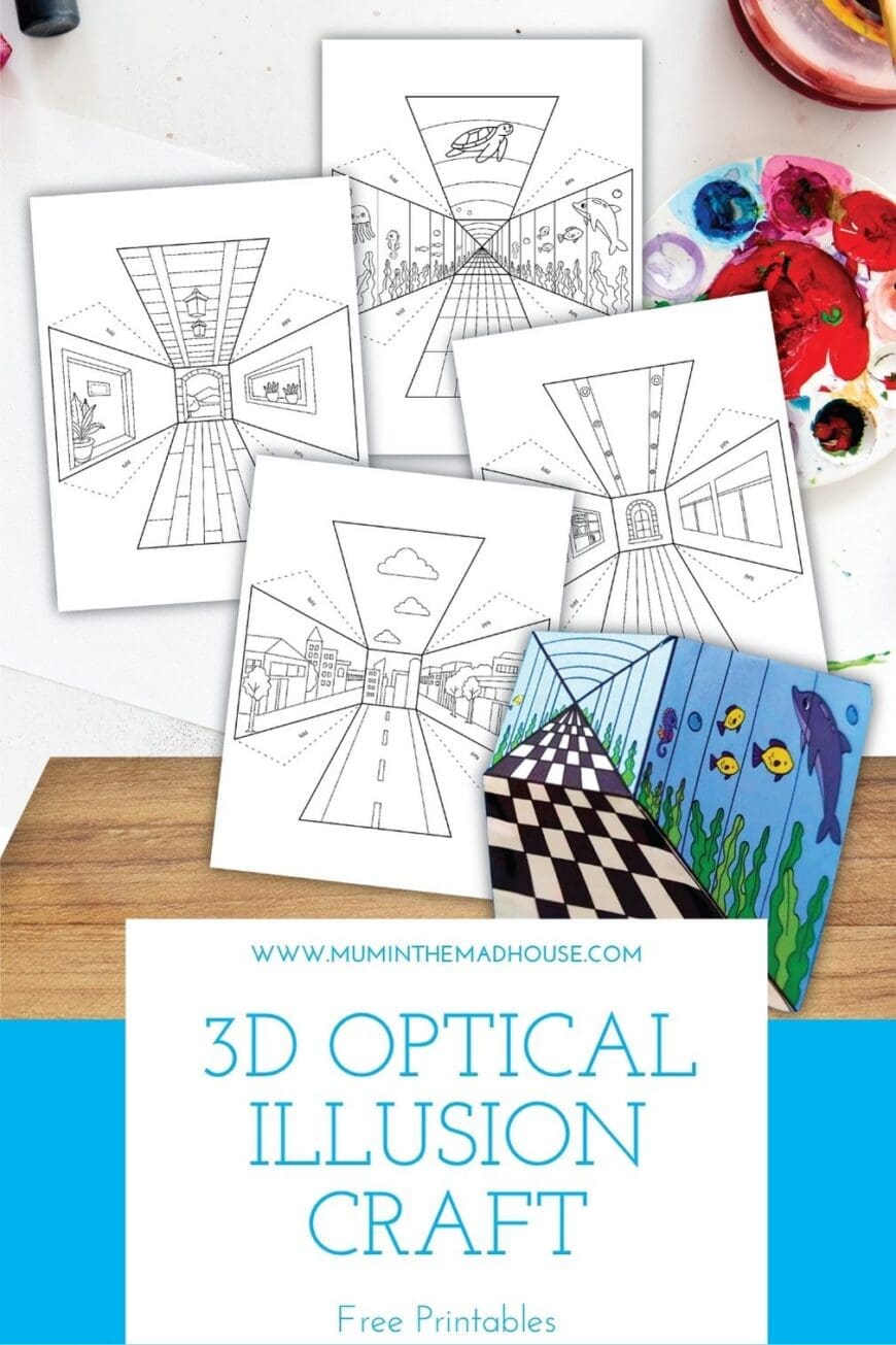 Kids will love this moving 3D art trick. Download the free printable reverse perspective templates and create an optical illusion that appears to move as you walk by.