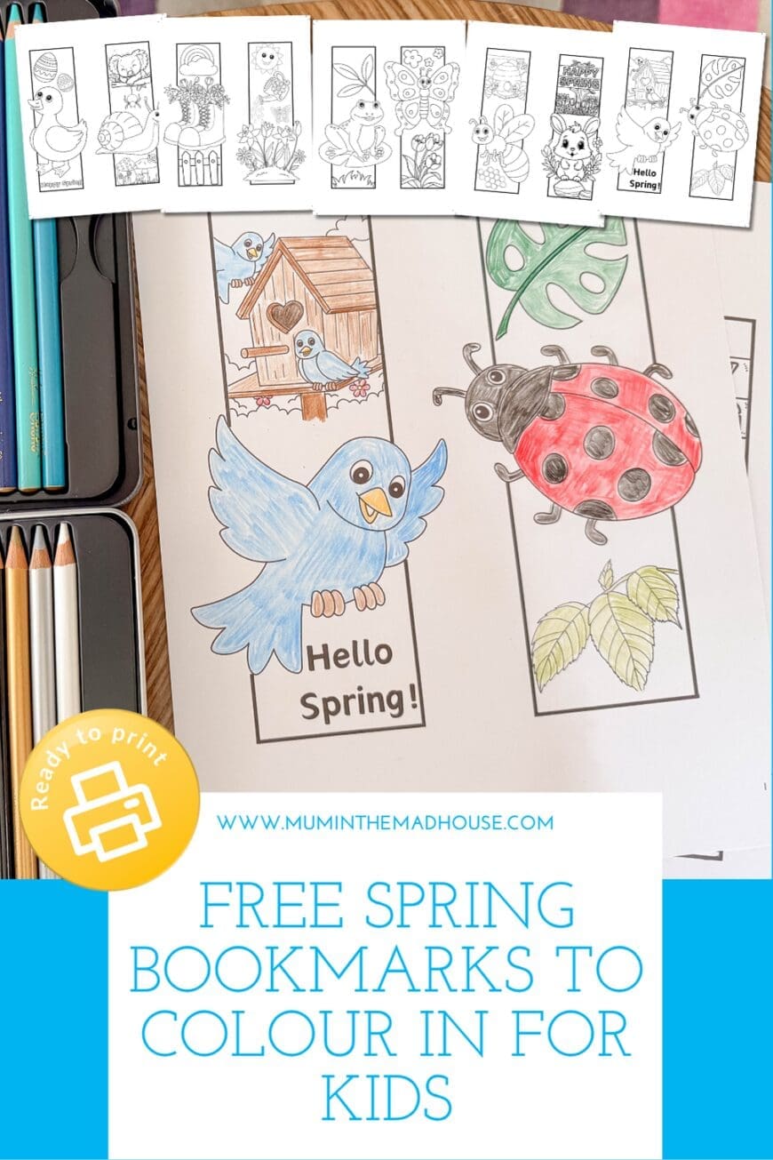 These free spring bookmarks to colour in are perfect for kids who love reading and colouring. Featuring bees, bunnies, butterflies, frogs, flowers, ducklings, and Easter eggs, they make a fun spring printable activity.