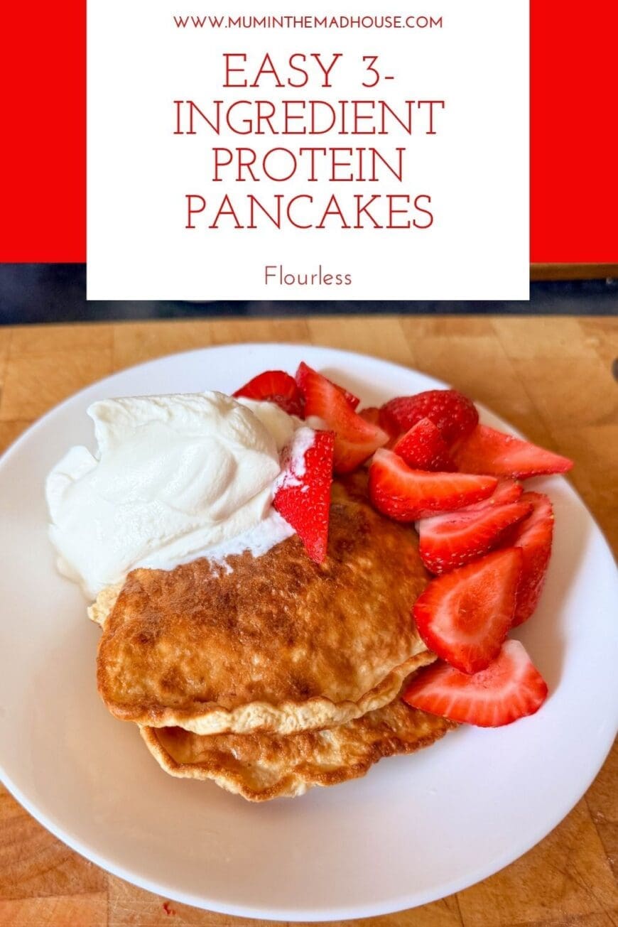 Make a quick, filling breakfast with banana, eggs and protein powder. These simple flourless protein pancakes are ready in around 10 minutes and contain approximately 38g of protein. Perfect for busy mornings or a post-workout breakfast.