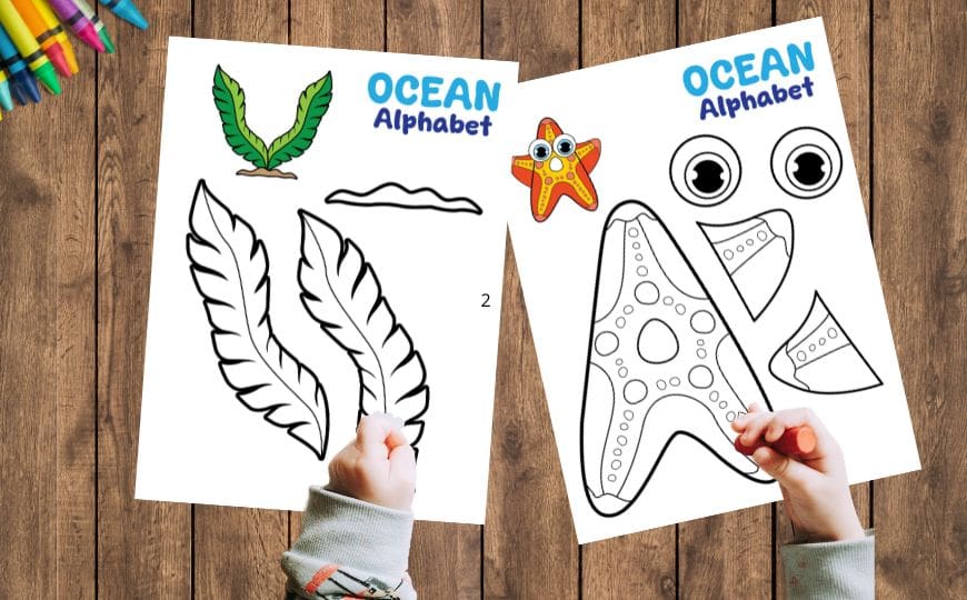 Free printable Ocean Alphabet cut-and-paste crafts featuring letter-shaped sea creatures from A to Z