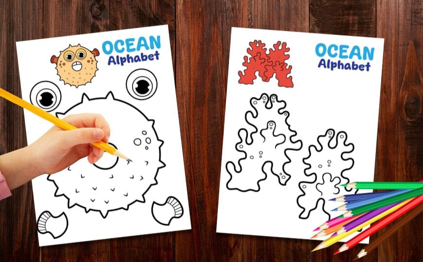 Free printable Ocean Alphabet cut-and-paste crafts featuring letter-shaped sea creatures from A to Z