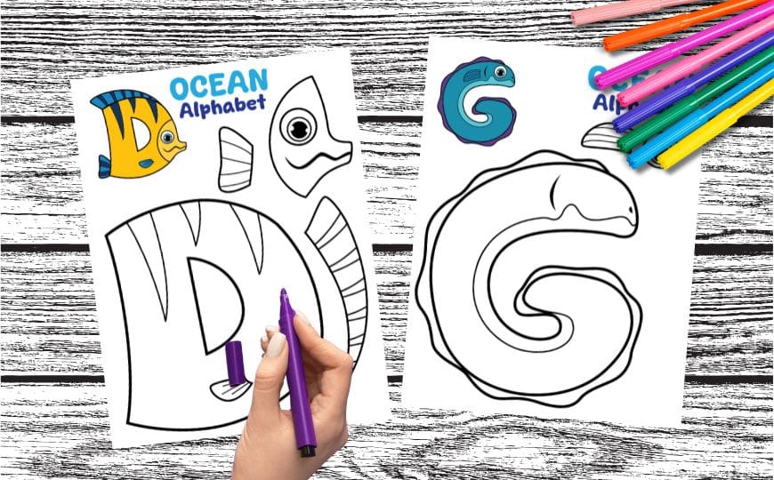 Free printable Ocean Alphabet cut-and-paste crafts featuring letter-shaped sea creatures from A to Z