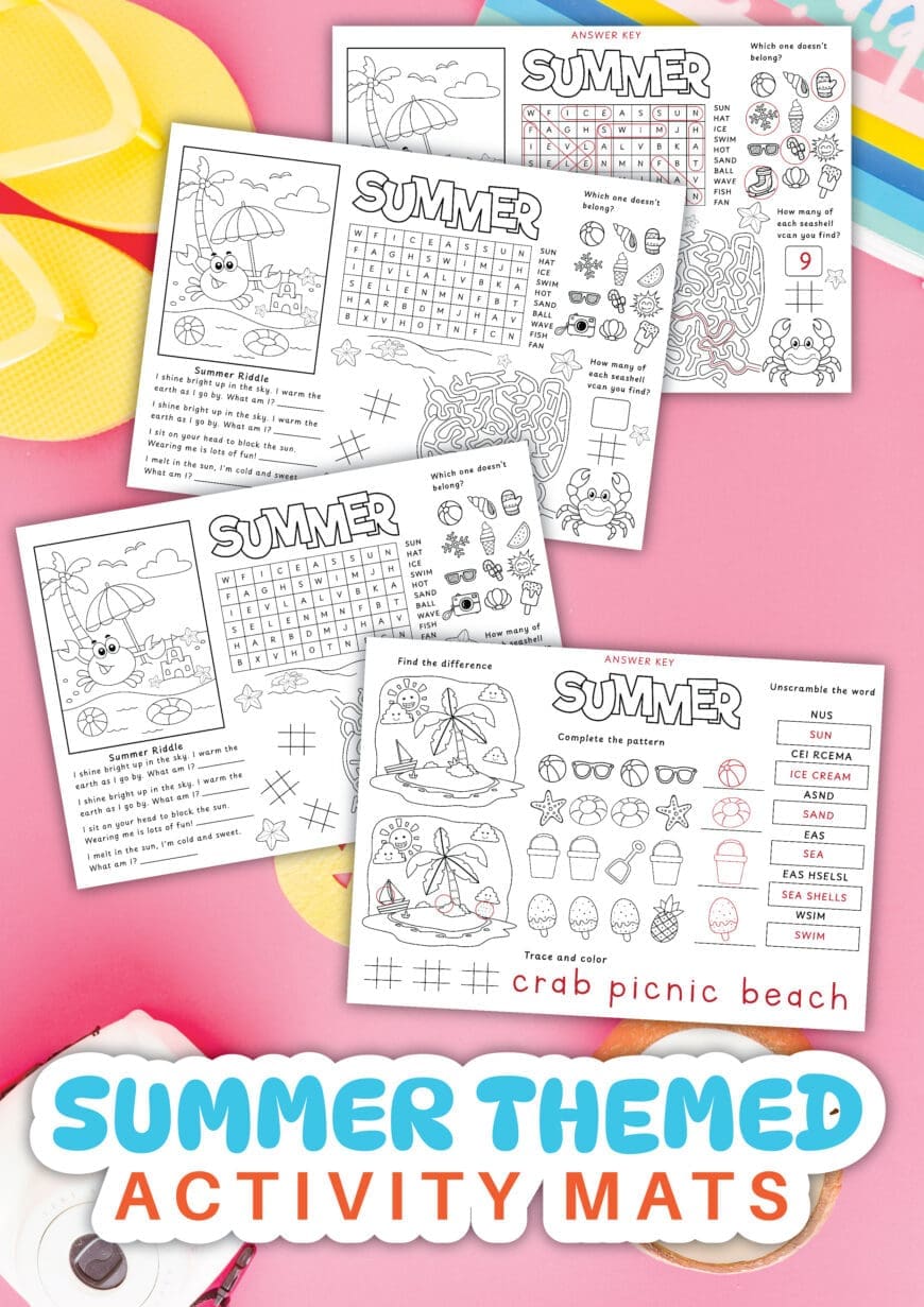 Bring seaside fun to quiet afternoons with these free printable summer activity mats! Children can enjoy a word search, maze, spot the difference, word puzzles and beach-themed colouring. Download two activity sheets with answer pages for summer holidays, rainy days or classroom fun. Save this pin, then grab your pencils and print!