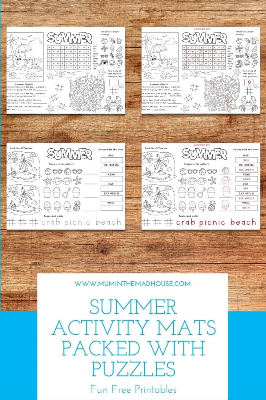 Bring a little seaside fun to quiet time with these free summer activity mats! Kids can spot differences, finish patterns, unscramble summer words and colour beach pictures. Print the two activity sheets, grab some pencils and enjoy at home or in the classroom.