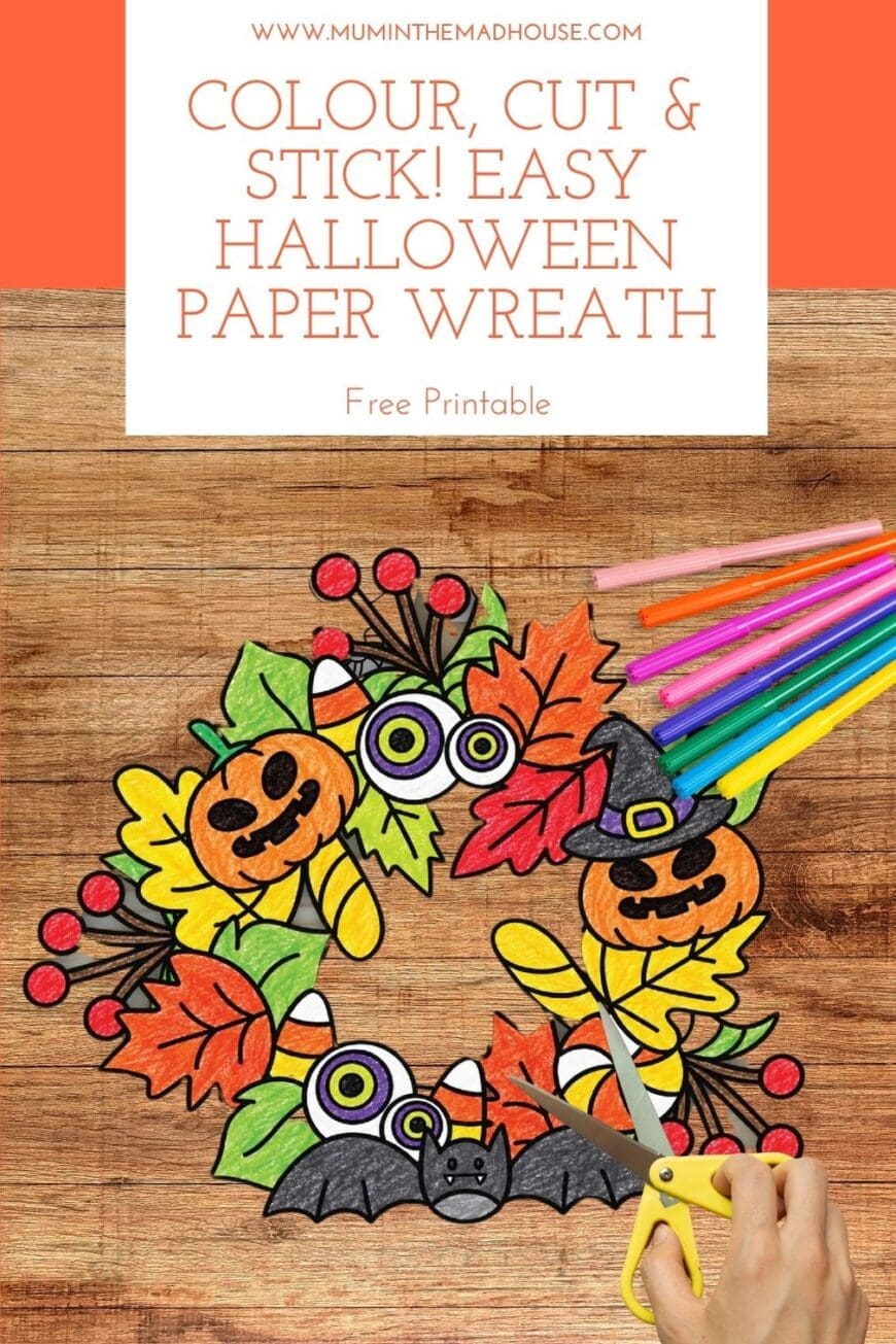 Make your own colourful Halloween decorations with this free cut and colour wreath printable. Grab crayons, scissors and glue, then let the children create a wreath filled with cheeky pumpkins and spooky characters. Click through for the free download and step-by-step instructions!