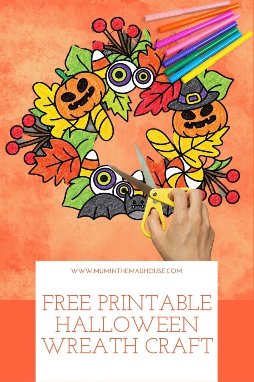 Get ready for a crafty Halloween! This free printable wreath includes four bases plus pumpkins, ghosts, bats and autumn leaves to colour, cut and stick. A fun activity for a rainy afternoon or half-term. Save this pin and download your free printable from Mum in the Mad House.