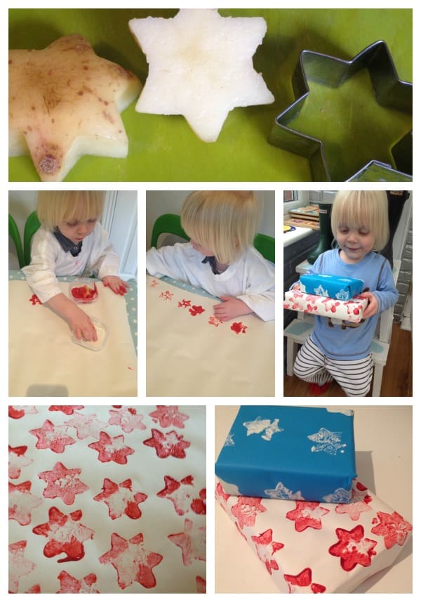 Turn potatoes into stamps! This DIY potato print wrapping paper is a fun kids’ craft and eco-friendly way to wrap Christmas, birthday, or wedding gifts.