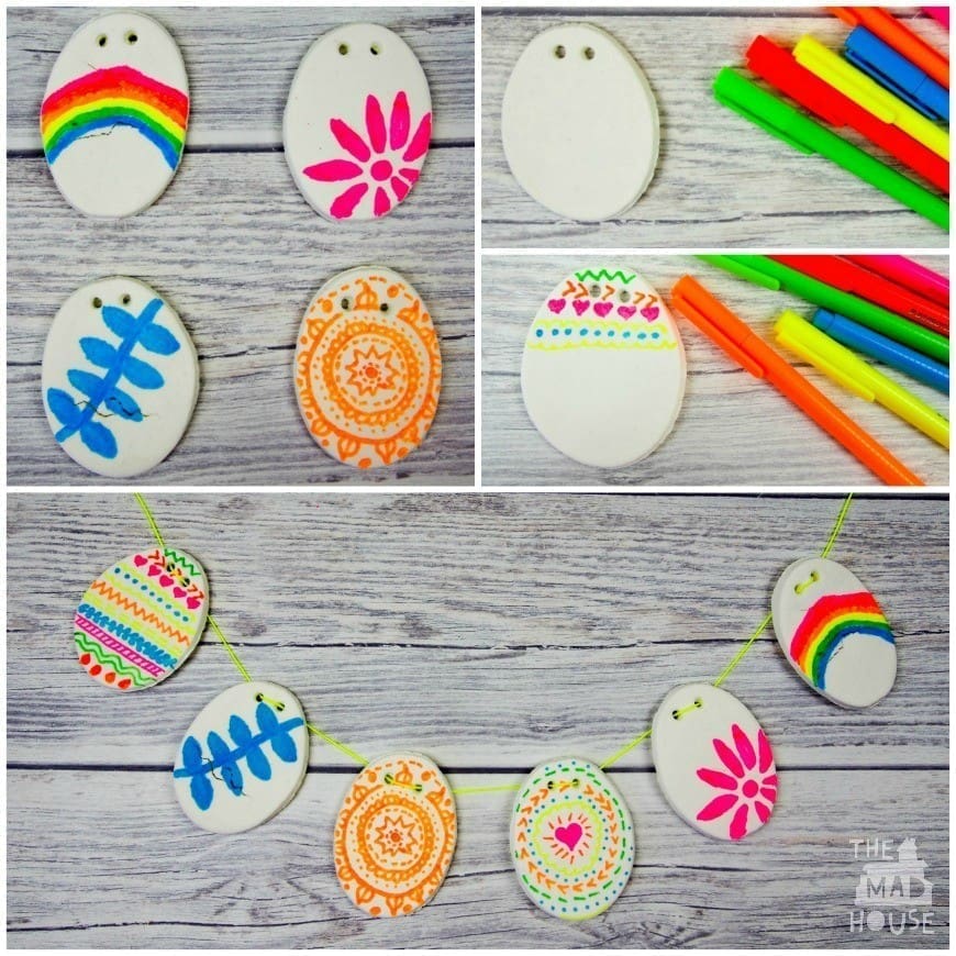 A DIY clay recipe and beautiful DIY Clay Easter bunting a great kids DIY craft for Easter. This DIY clay recipe has only two ingredients and you can colour on it with markers and felt tips. It has to be seen to be believed.