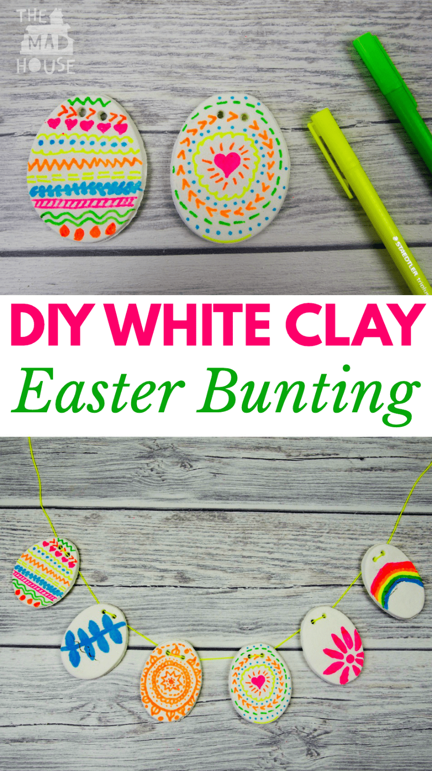 A DIY clay recipe and beautiful DIY Clay Easter bunting a great kids DIY craft for Easter. This DIY clay recipe has only two ingredients and you can colour on it with markers and felt tips. It has to be seen to be believed.