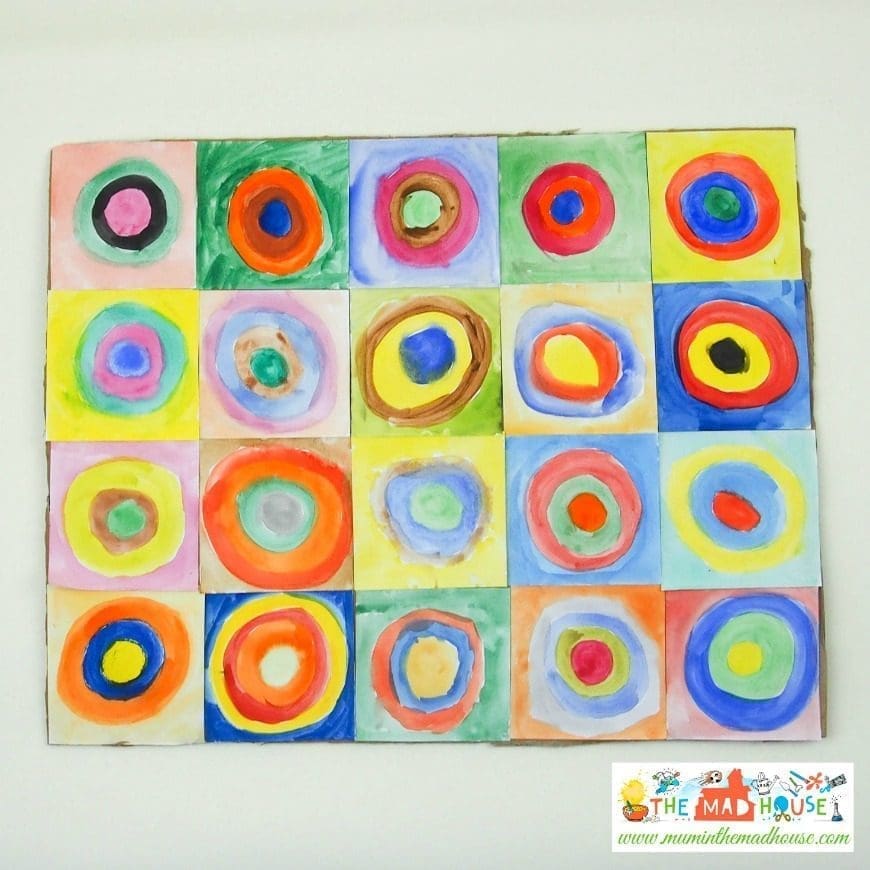 This beautiful piece of collaborative art is inspired by the works of Vasily Kandinsky. It is a fantastic way to introduce children to the work of an artist and a fun craft DIY for all the family. Kandinsky for kids - concentric circles in squares
