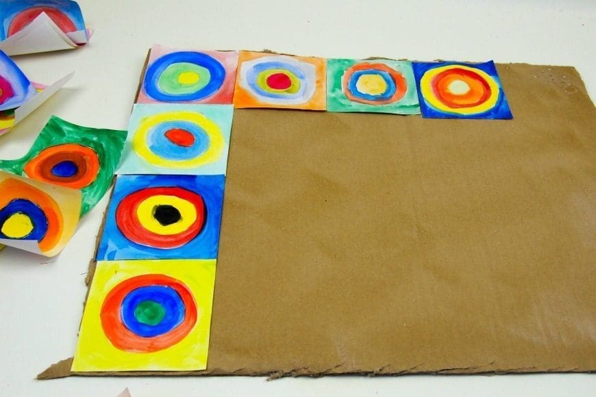 This beautiful piece of collaborative art is inspired by the works of Vasily Kandinsky. It is a fantastic way to introduce children to the work of an artist and a fun craft DIY for all the family. Kandinsky for kids - concentric circles in squares