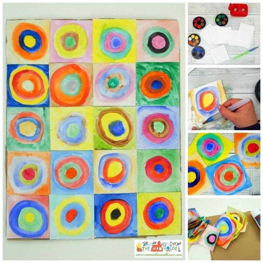 This beautiful piece of collaborative art is inspired by the works of Vasily Kandinsky. It is a fantastic way to introduce children to the work of an artist and a fun craft DIY for all the family. Kandinsky for kids - concentric circles in squares