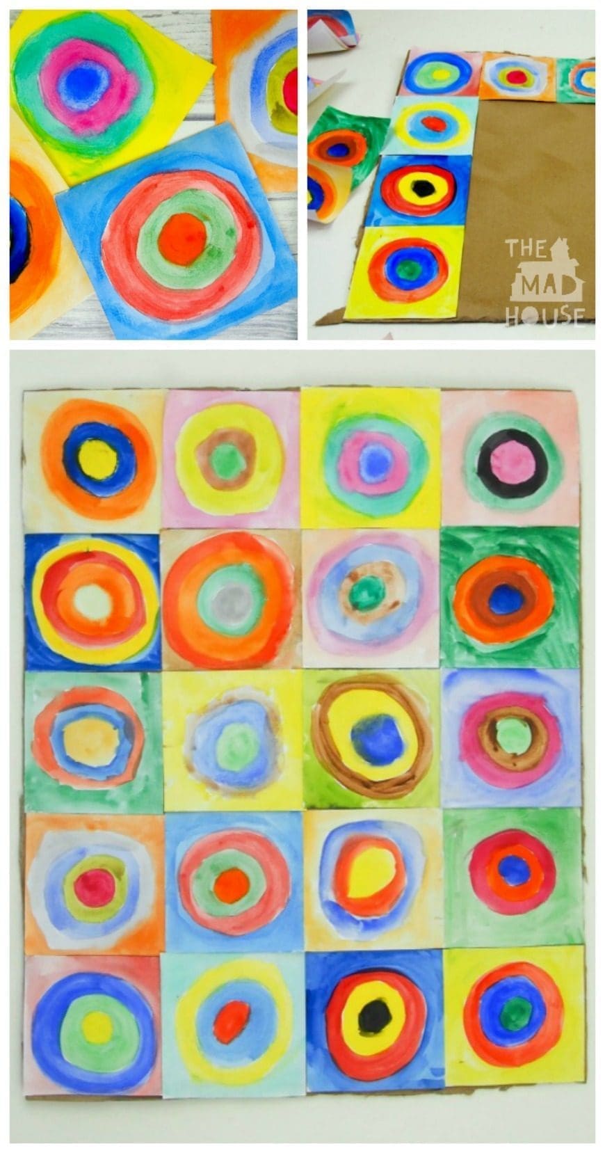 This beautiful piece of collaborative art is inspired by the works of Vasily Kandinsky. It is a fantastic way to introduce children to the work of an artist and a fun craft DIY for all the family. Kandinsky for kids - concentric circles in squares