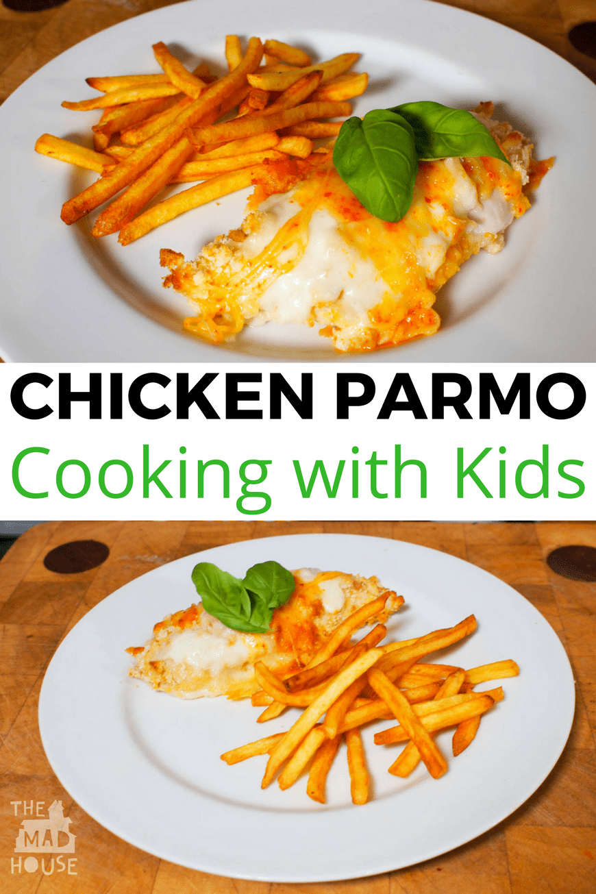 it consists of chicken in breadcrumbs topped with a white béchamel/Parmesan sauce and cheese