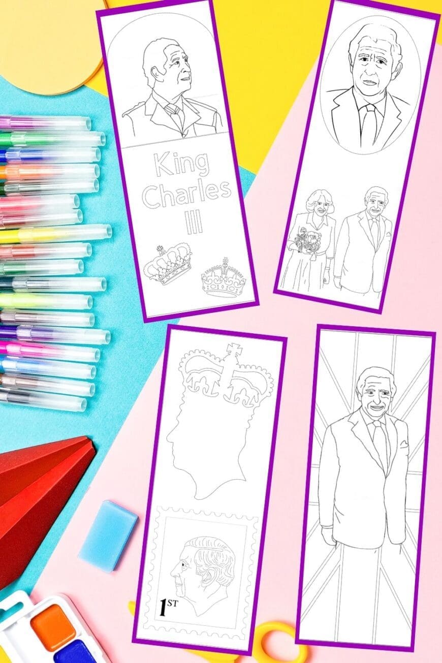 Keep your place and customise with these King Charles III Colouring Bookmarks. Quick and simple to download and print off at home.