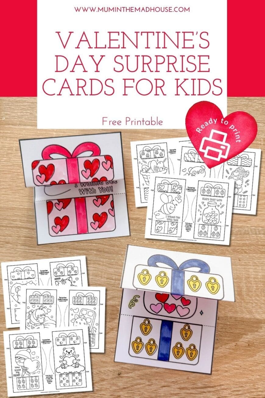 These adorable fold-and-reveal Valentine’s surprise cards are perfect for kids! Colour them in, fold to hide the design, then open to reveal a cute character inside. Free printable — ideal for classroom Valentine exchanges, family crafts and card making fun!